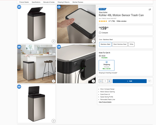 Kohler 48L Motion Sensor Trash Can