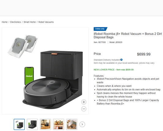 iRobot Roomba j8+ Robot Vacuum + Bonus 2 Dirt Disposal Bags