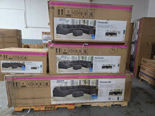 Thomasville Merran Fabric Sectional with Storage Seats and Storage Ottoman– In-Box