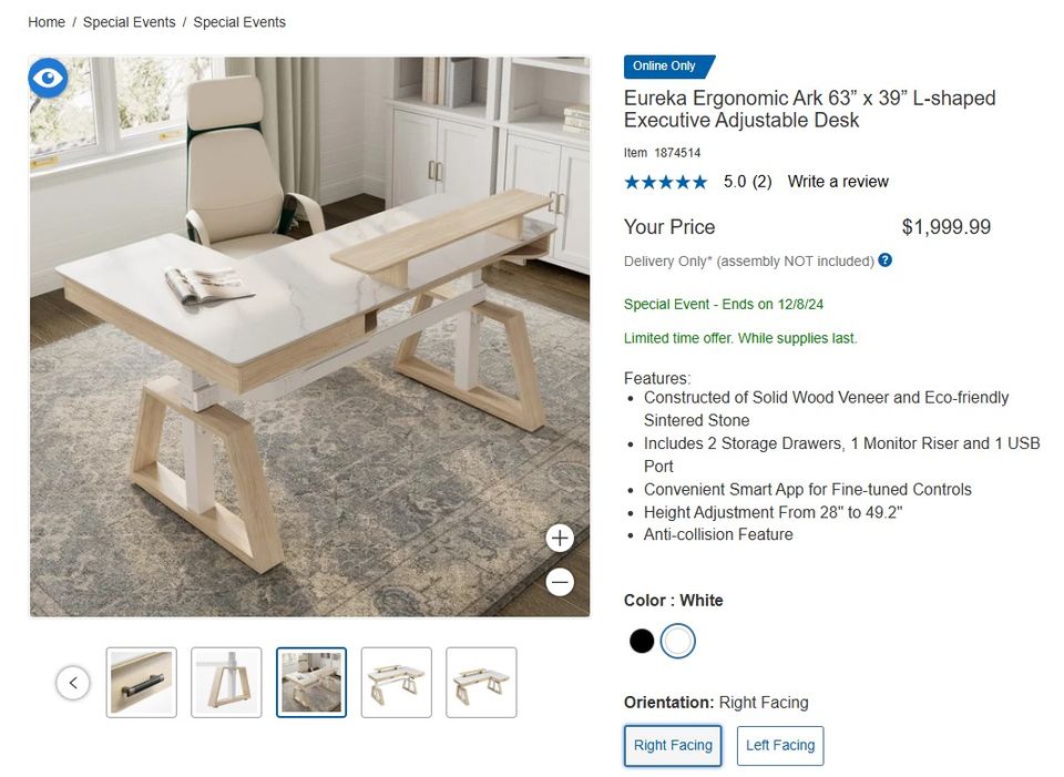 Eureka Ergonomic Ark 63” x 39” L-shaped Executive Adjustable Desk