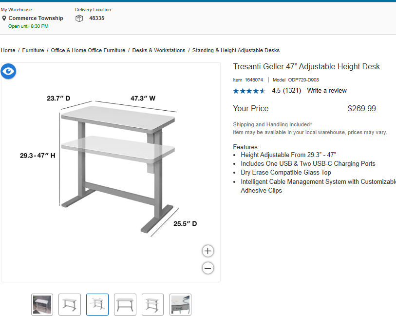 Tresanti Geller 47” Adjustable Height Desk
