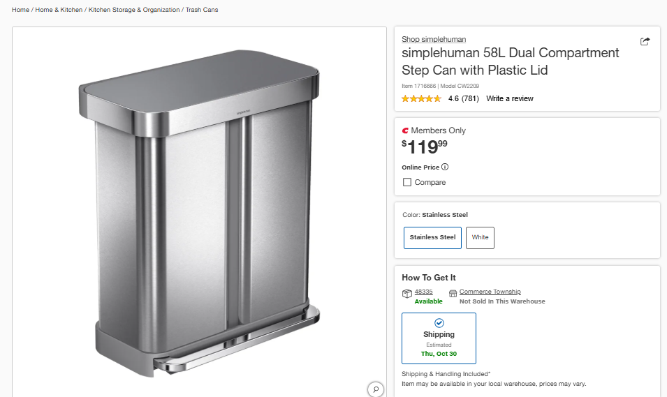 Simplehuman 58L Dual Compartment Step Can with Plastic Lid