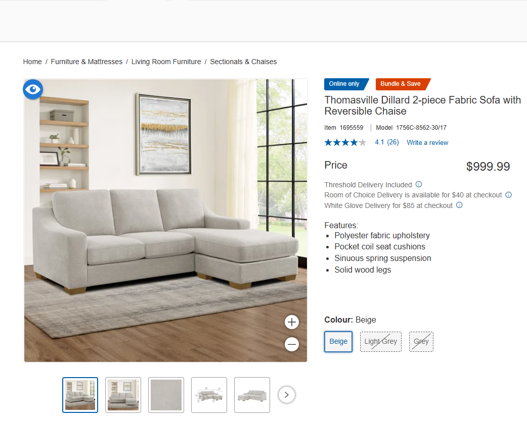 Thomasville Dillard 2-piece Fabric Sofa with Reversible Chaise - Light Gray