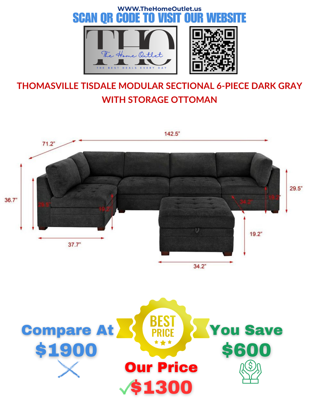 Thomasville Tisdale Modular Sectional 6-piece Dark Gray with Storage Ottoman