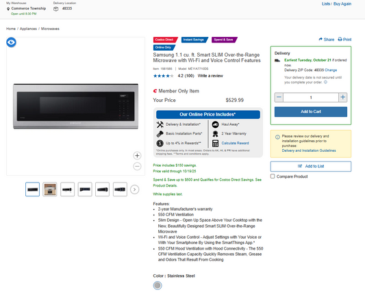 Samsung 1.1 cu. ft. Smart SLIM Over-the-Range Microwave with Wi-Fi and Voice Control Features