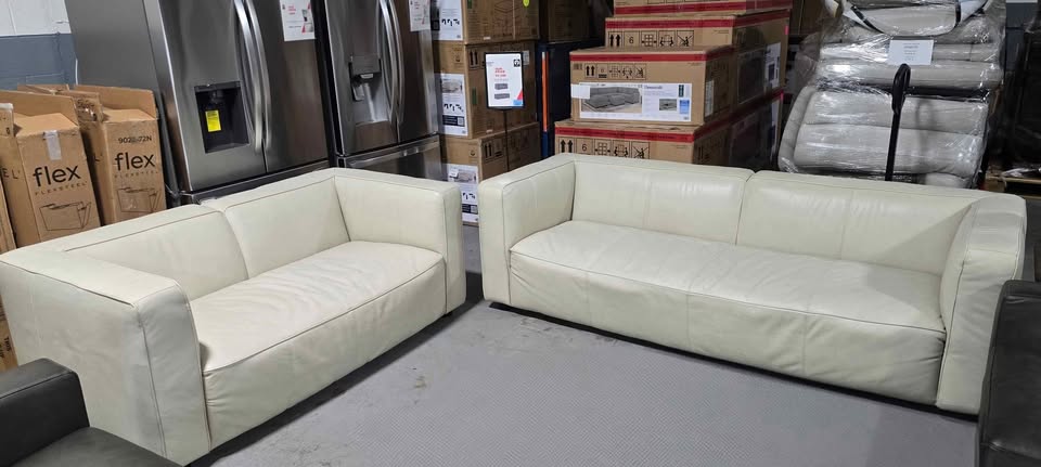 Brady Leather Collection, Sofa and Loveseat - Ivory