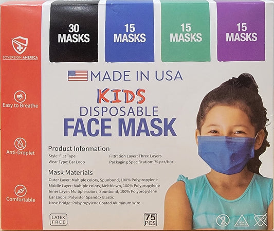 75 PCS Kids Face Mask MADE IN USA Disposable 3-Ply Cover 3 Layer