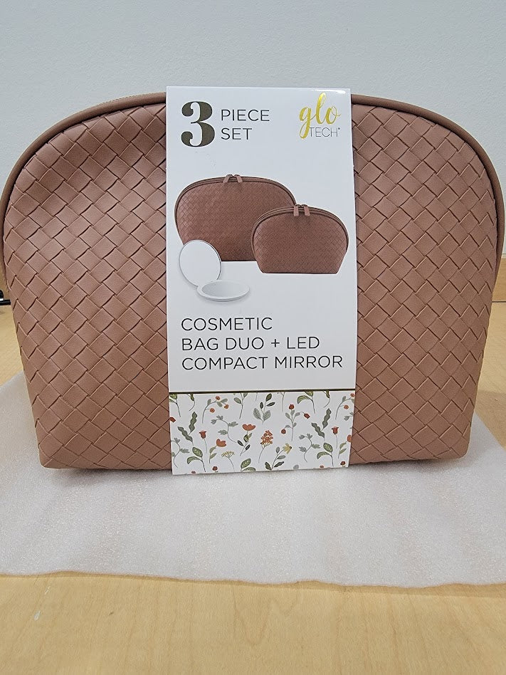 GloTech 2-pack Faux Leather Cosmetic Bags with Rechargeable Compact Mirror