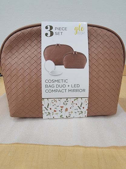 GloTech 2-pack Faux Leather Cosmetic Bags with Rechargeable Compact Mirror