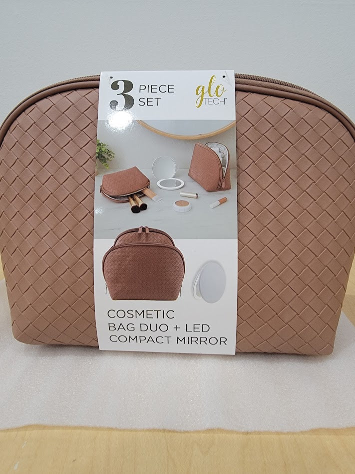 GloTech 2-pack Faux Leather Cosmetic Bags with Rechargeable Compact Mirror