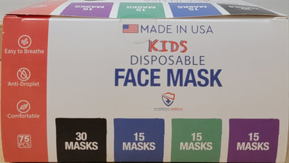 75 PCS Kids Face Mask MADE IN USA Disposable 3-Ply Cover 3 Layer