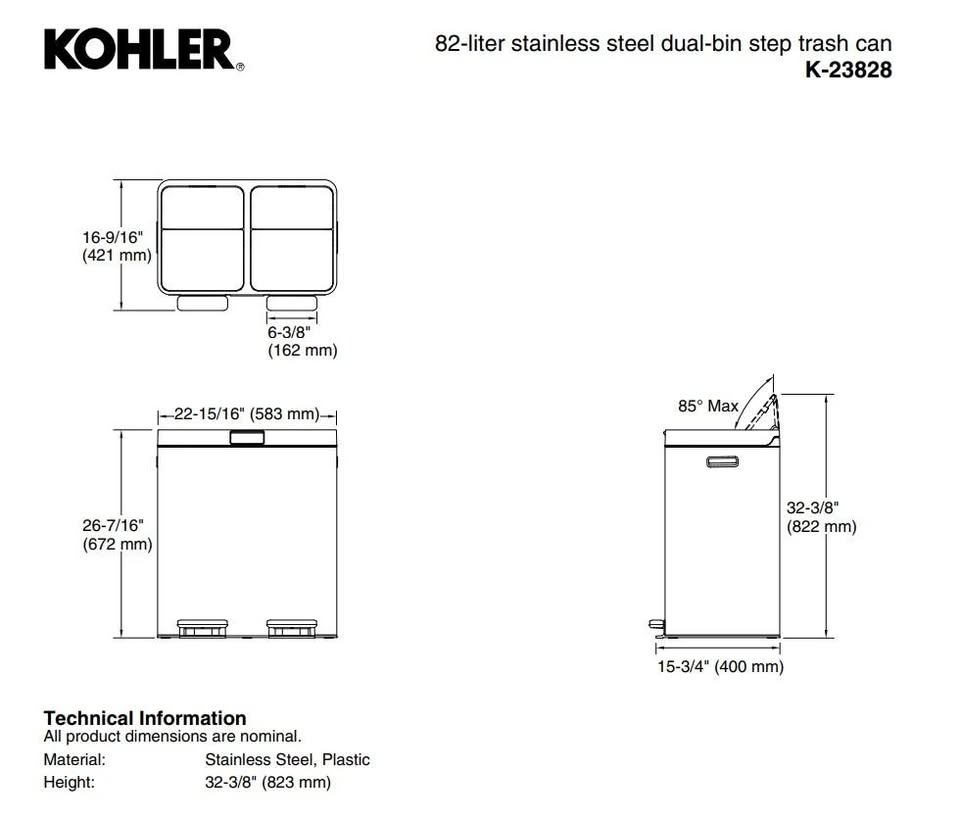 Kohler 82L Dual Bin Step Trash Can - White