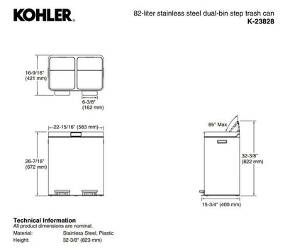 Kohler 82L Dual Bin Step Trash Can - White