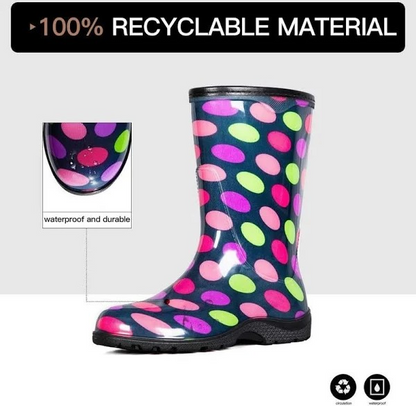 K KomForme Women's Waterproof Rain Boots with Colorful Printed，Ladies Mid Calf Solid Shoes with Comfort Insole for Garden