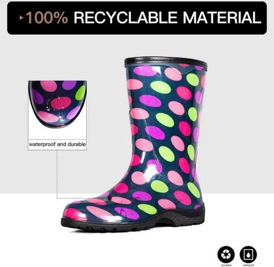 K KomForme Women's Waterproof Rain Boots with Colorful Printed，Ladies Mid Calf Solid Shoes with Comfort Insole for Garden