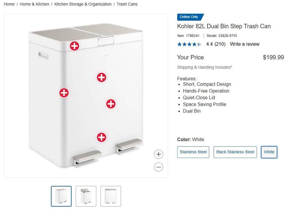 Kohler 82L Dual Bin Step Trash Can - White