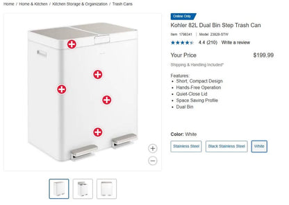 Kohler 82L Dual Bin Step Trash Can - White