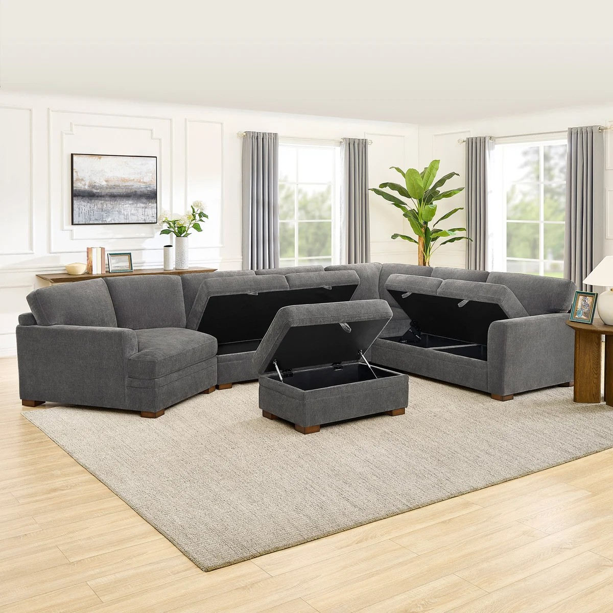 Thomasville Merran Fabric Sectional with Storage Seats and Storage Ottoman– In-Box