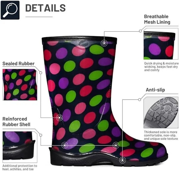 K KomForme Women's Waterproof Rain Boots with Colorful Printed，Ladies Mid Calf Solid Shoes with Comfort Insole for Garden