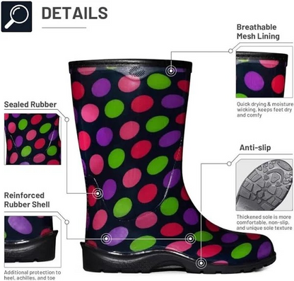 K KomForme Women's Waterproof Rain Boots with Colorful Printed，Ladies Mid Calf Solid Shoes with Comfort Insole for Garden