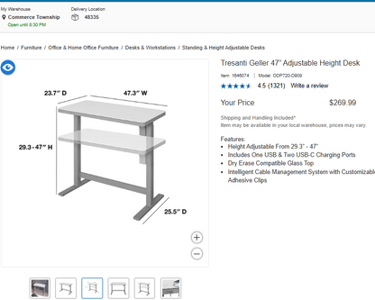 Tresanti Geller 47” Adjustable Height Desk