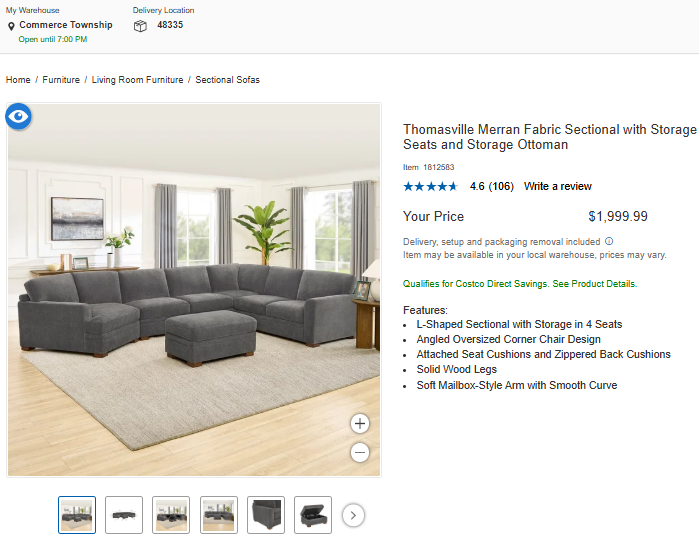 Thomasville Merran Fabric Sectional with Storage Seats and Storage Ottoman– In-Box