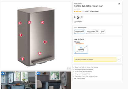 Kohler Rectangular Step Trash Can, 47 L, Stainless Steel