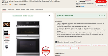 LG - WCEP6427F /00 - 1.7/4.7 cu. ft. Smart Combination Wall Oven with InstaView®, True Convection, Air Fry, and Steam Sous Vide
