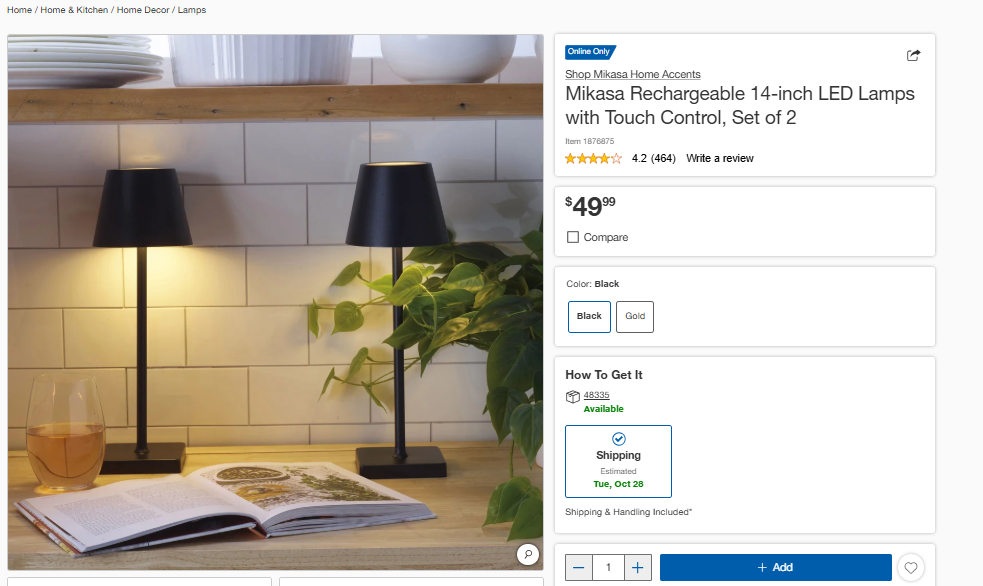 Mikasa Rechargeable 14-inch LED Lamps with Touch Control, Set of 2