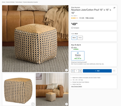 Nourison Jute/Cotton Pouf 16” x 16” x 16”