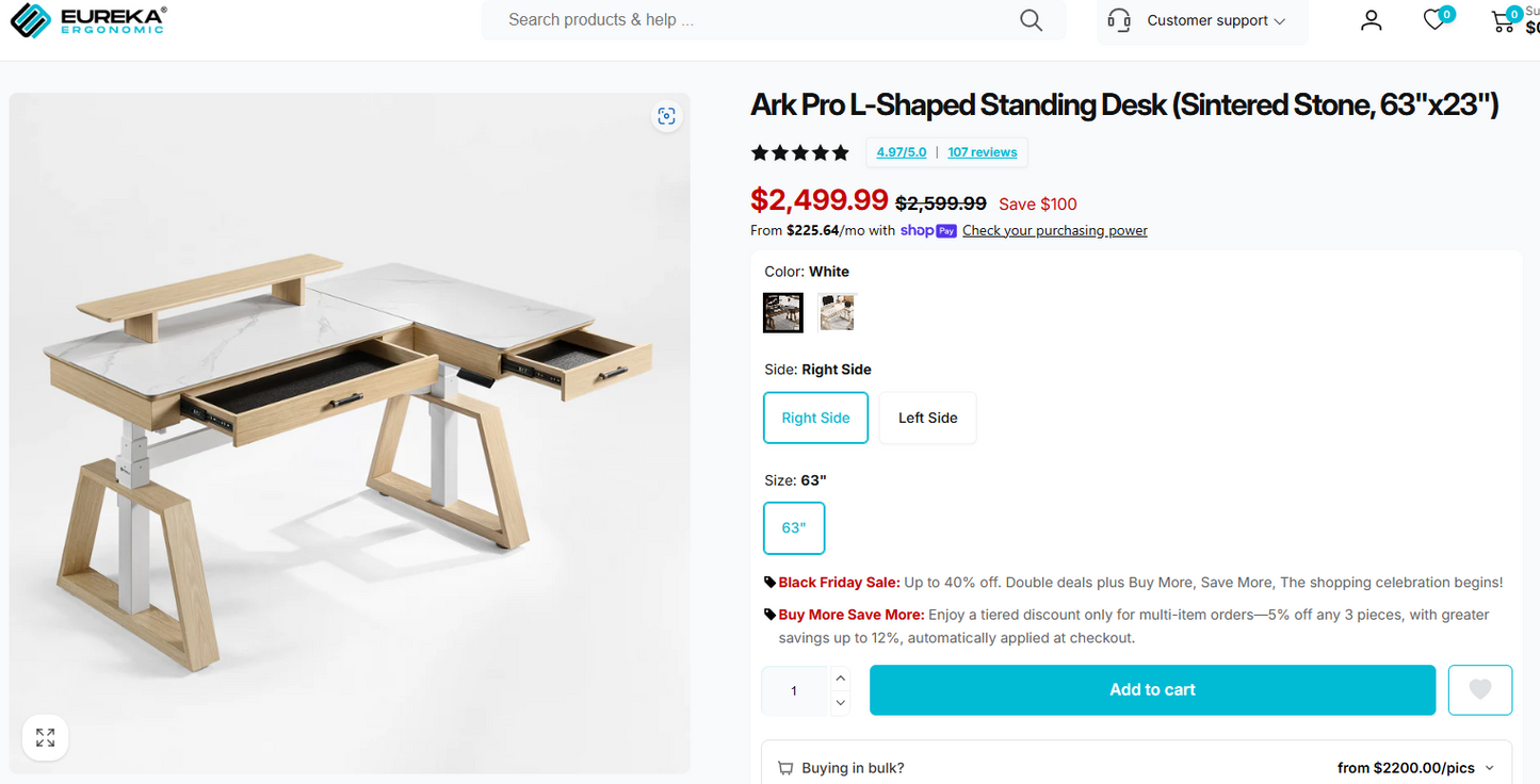 Ark Pro L-Shaped Standing Desk (Sintered Stone, 63"x23")