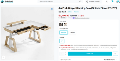 Ark Pro L-Shaped Standing Desk (Sintered Stone, 63"x23")