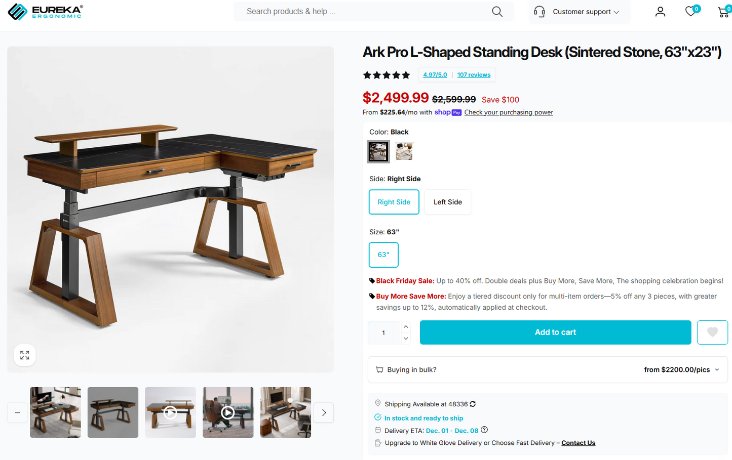 Ark Pro L-Shaped Standing Desk (Sintered Stone, 63"x23")