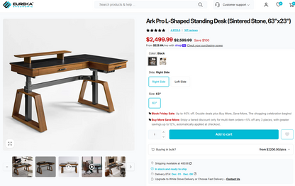 Ark Pro L-Shaped Standing Desk (Sintered Stone, 63"x23")