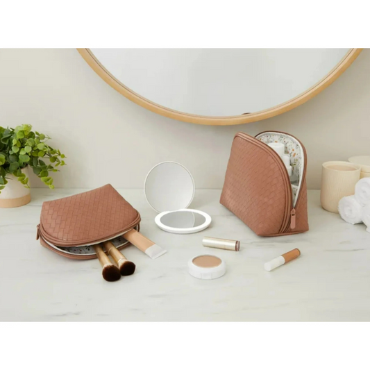 GloTech 2-pack Faux Leather Cosmetic Bags with Rechargeable Compact Mirror