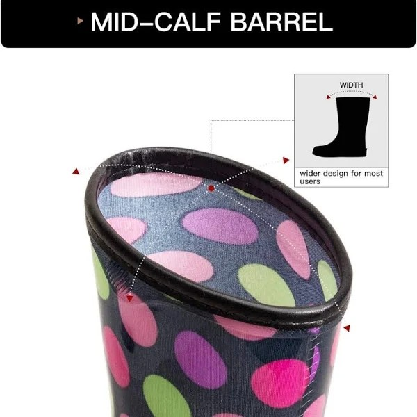 K KomForme Women's Waterproof Rain Boots with Colorful Printed，Ladies Mid Calf Solid Shoes with Comfort Insole for Garden