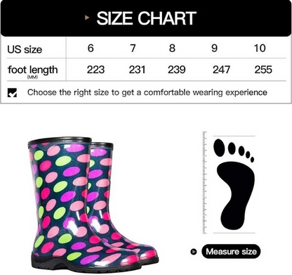 K KomForme Women's Waterproof Rain Boots with Colorful Printed，Ladies Mid Calf Solid Shoes with Comfort Insole for Garden