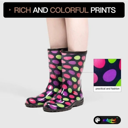 K KomForme Women's Waterproof Rain Boots with Colorful Printed，Ladies Mid Calf Solid Shoes with Comfort Insole for Garden