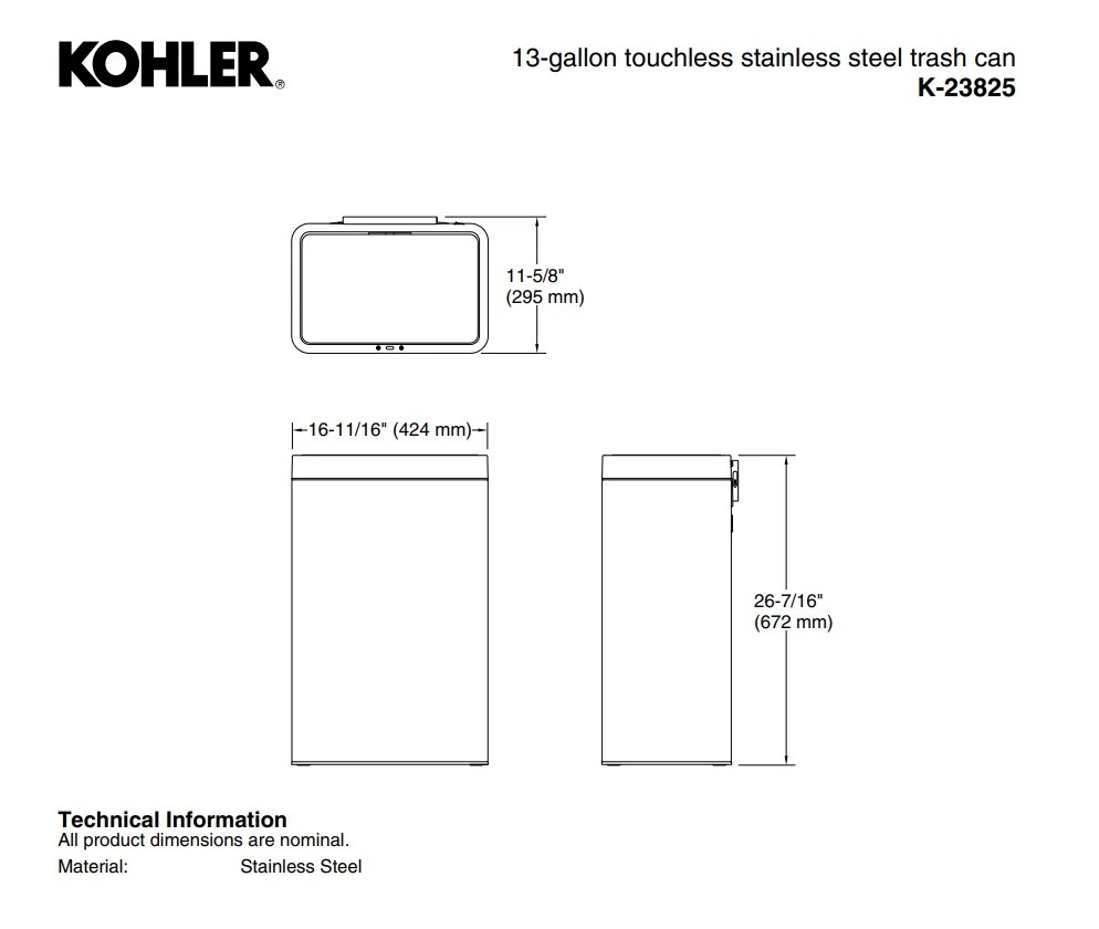Kohler 48L Motion Sensor Trash Can