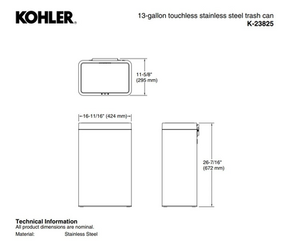 Kohler 48L Motion Sensor Trash Can