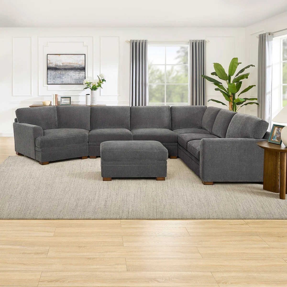Thomasville Merran Fabric Sectional with Storage Seats and Storage Ottoman– In-Box